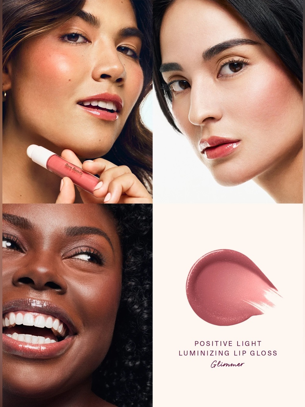 Rare Beauty Glimmer Positive Light Luminizing Lip Gloss- rose gold with pearl